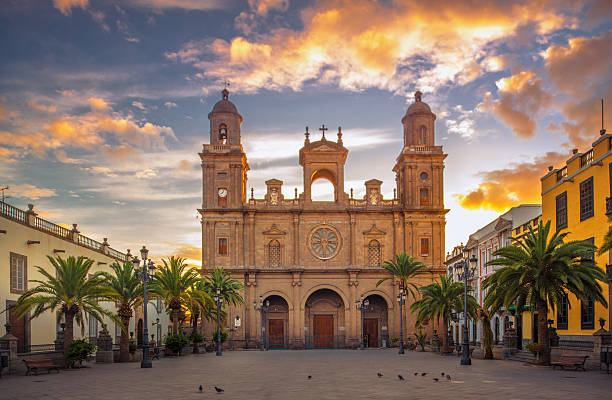 sunrise at the cathedral of las palmas de gran canaria - gran canaria stockfoto's en -beelden