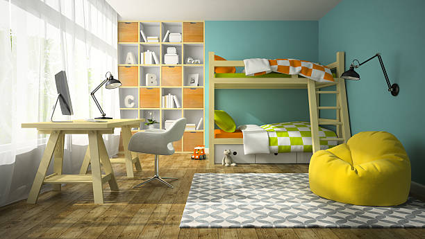 istock Interior of children room with bunk bed 3D rendering 505916102