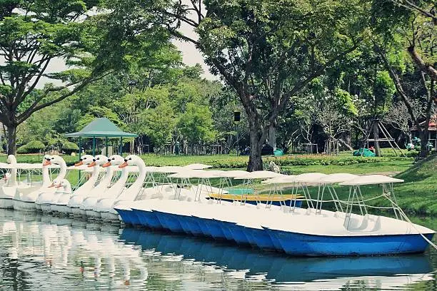 Water cycle boat in Suanluang RAMA IX Public Park (Bangkok, Thailand) as colorful background : Place opened public. People entrance to exercise or relax , Vintage mode
