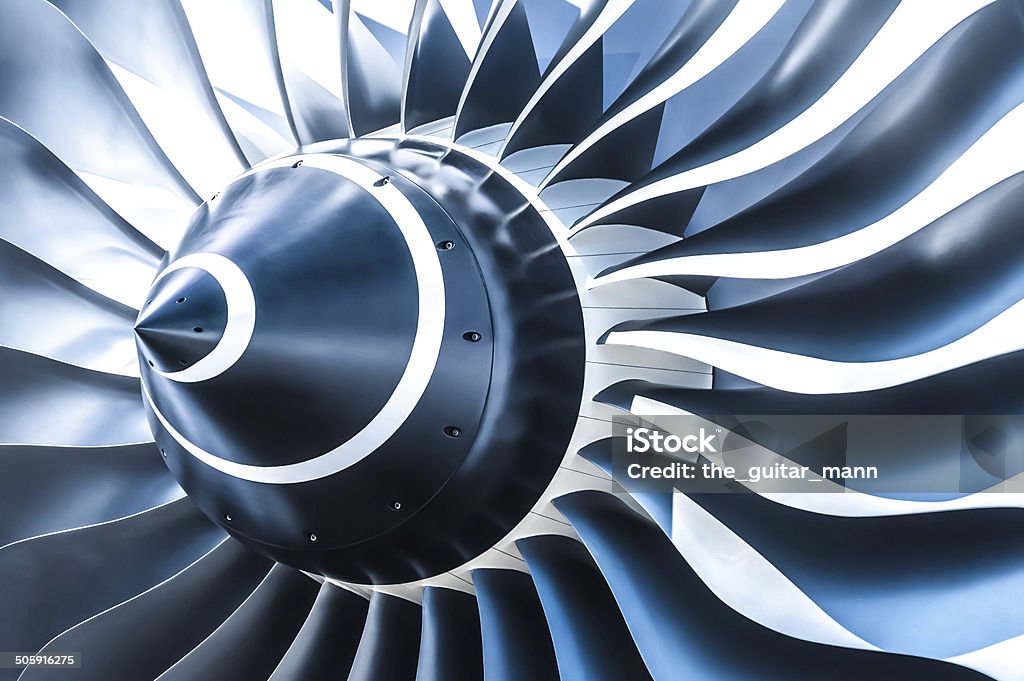 jet engine blue tone jet engine blades closeup Aerospace Industry Stock Photo