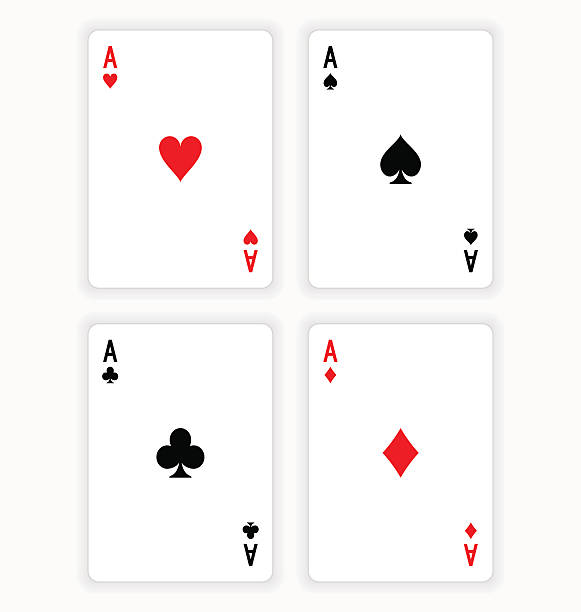 Four Aces Playing Cards on White Background High Angle View of Four Playing Cards Spread Out on White Background Showing Aces from Each Suit - Hearts, Clubs, Spades and Diamonds . EPS version 10 with transparency included in download. hearts playing card illustrations stock illustrations