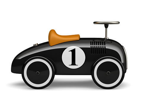 Black retro toy car number one isolated on white background