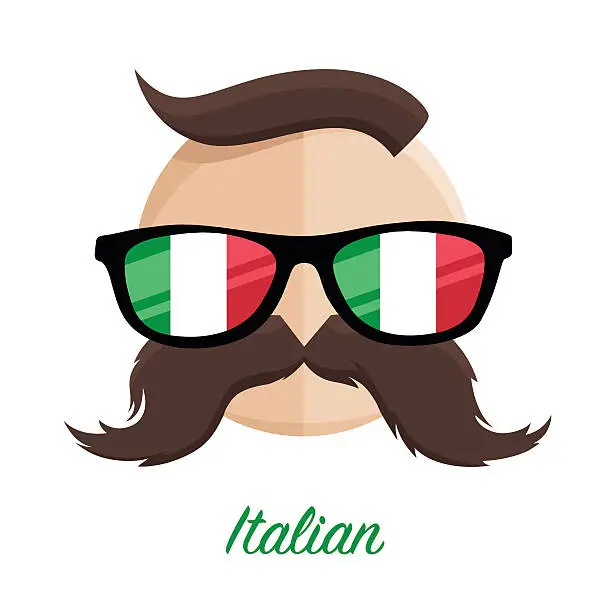 Vector illustration of Italian hipster style man with flag glasses and moustache