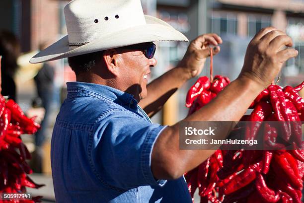 Farmer Hawks Chile Pepper Ristras At Santa Fe Farmers Market Stock Photo - Download Image Now