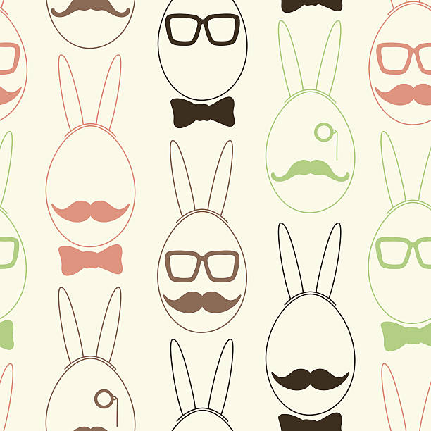 stylized funny hipster bunny seamless pattern eggs with bunny ears, fashion glasses, moustache, bow-tie, eyepiece, easter seamless pattern, hipster modern style, graphic design for fabric, website, packaging, invitations, greeting cards cool easy designs stock illustrations