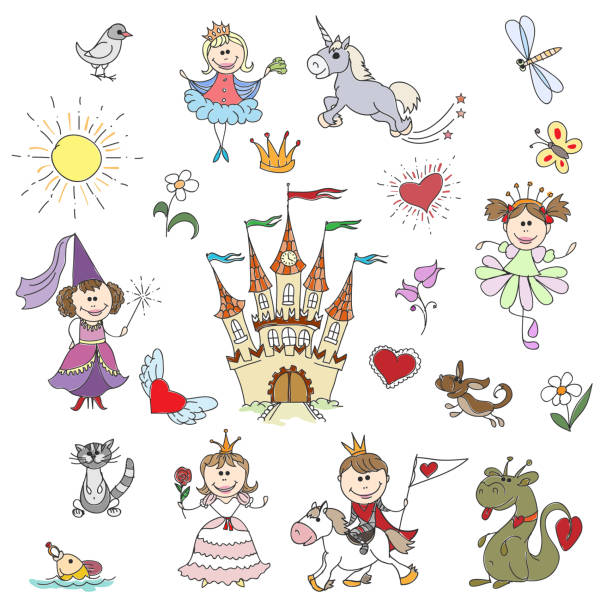 happy little princesses эскизов - computer graphic multi colored little girls teenage girls stock illustrations