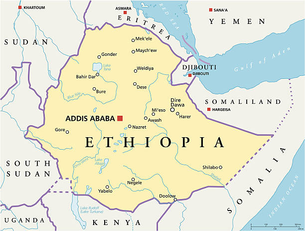Ethiopia Political Map Political map of Ethiopia with capital Addis Ababa, national borders, most important cities, rivers and lakes. Vector illustration with English labeling and scaling. blue nile stock illustrations