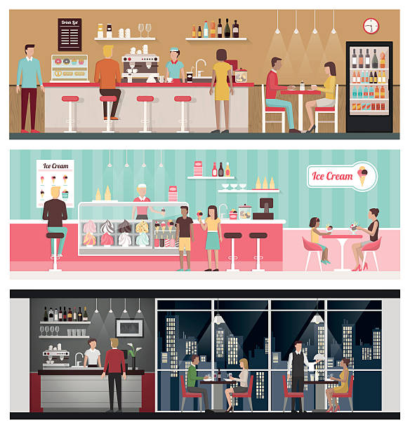 People eating banner set People eating and drinking in a bar, in an ice-cream shop and in a luxury restaurant, healthy eating and lifestyle concept diner illustrations stock illustrations