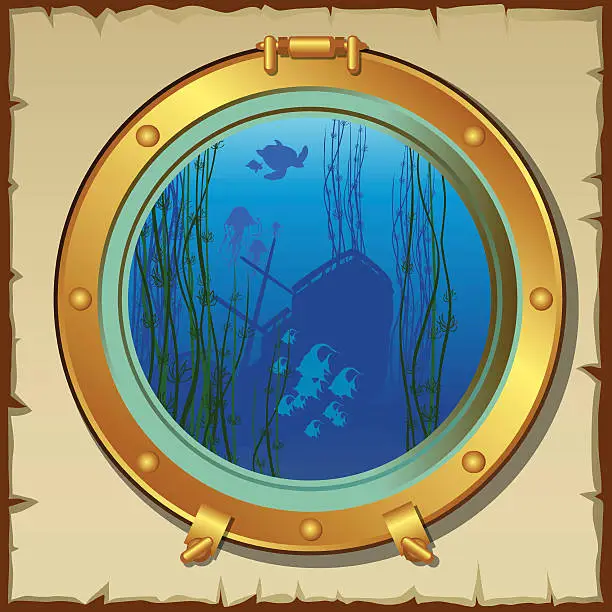 Vector illustration of Submarines porthole with view of the underwater landscape