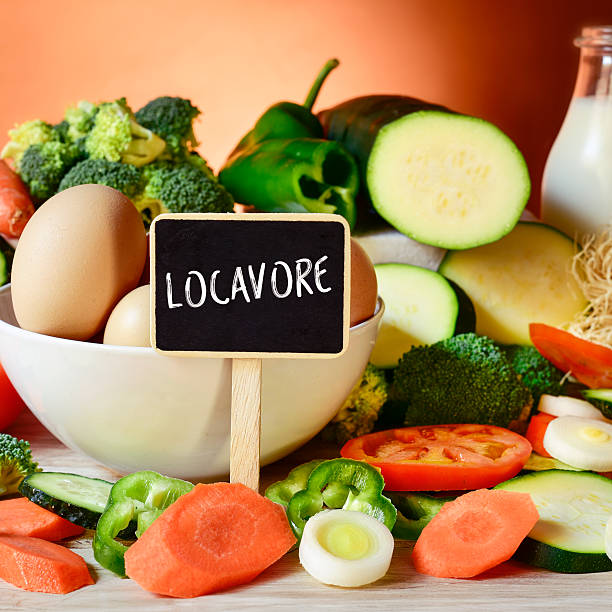 istock eggs, milk, vegetables and word locavore 505920260