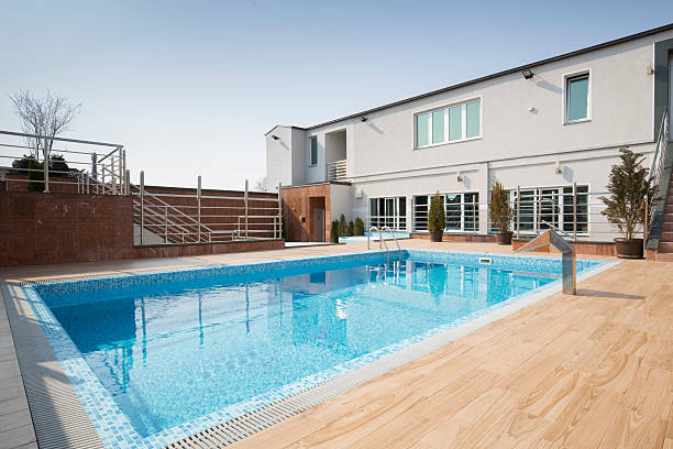 istock Outdoors swimming pool in front of building 505922906