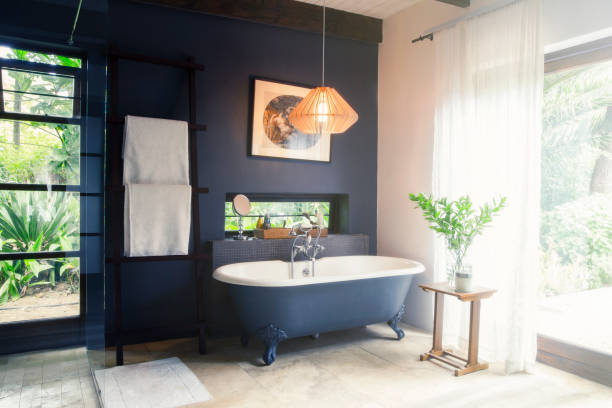 istock Bathtub and light fixture in modern bathroom 505936357