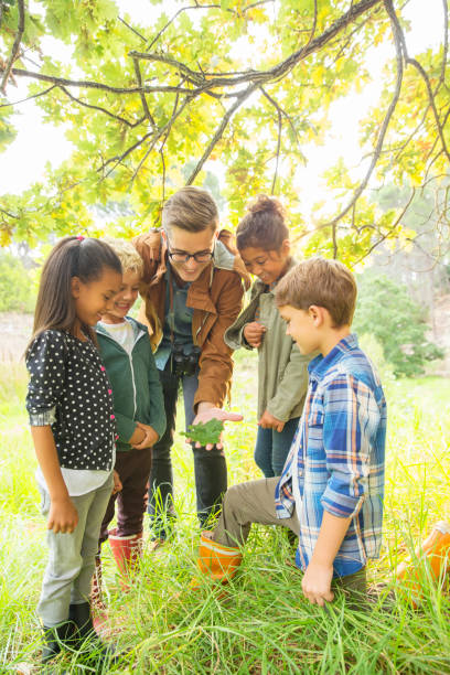 Multiracial children learning about the environment in their outdoor classroom. A 12 year old boy is sitting cross-legged on the grass taking notes. His friend, a 10 year old African-American girl, examines a leaf through a magnifying glass.