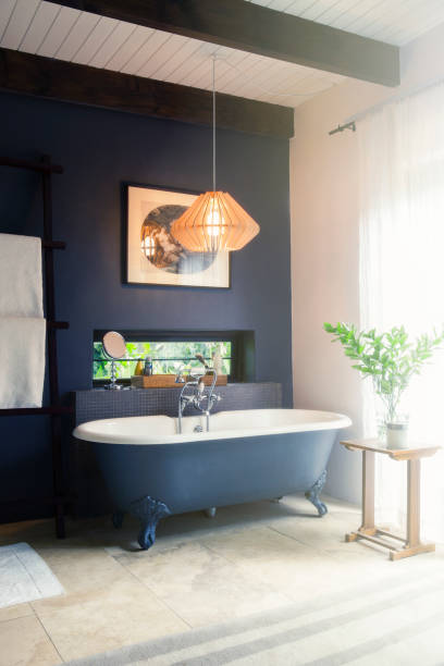 istock Bathtub and light fixture in modern bathroom 505937163