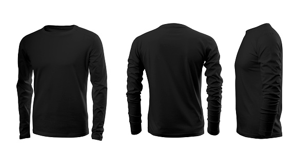Black man's T-shirt with long sleeves with rear and side view on a white background