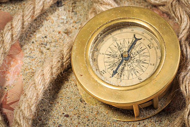 istock set of nautical instruments, lying on the sand and old 505940736