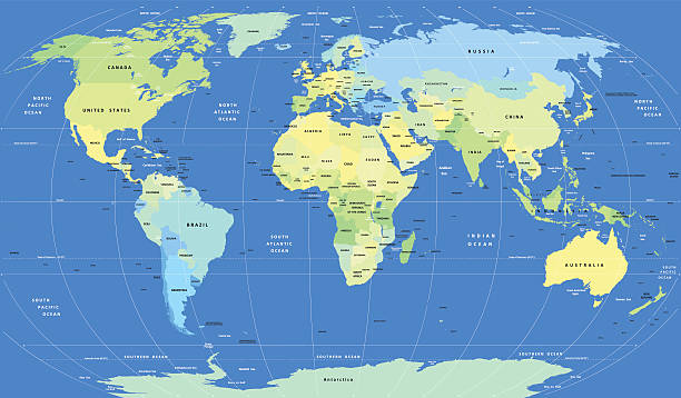 illustrazioni stock, clip art, cartoni animati e icone di tendenza di mappa del mondo politico vettoriale dettagliato - caratteristica della terra