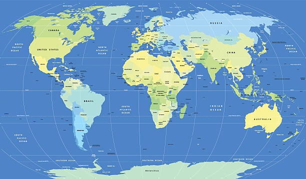 Detailed vector political World Map Detailed Vector World Map. Layers objects (groups): continents, countries, names of countries, capitals, water resources, meridians. land feature stock illustrations