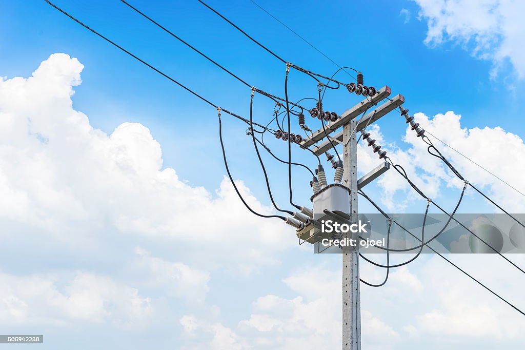 Electric wire on the pole, power Electricity Transformer Stock Photo