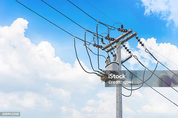 Electric Wire On The Pole Power Stock Photo - Download Image Now - Electricity Transformer, Power Line, Pole