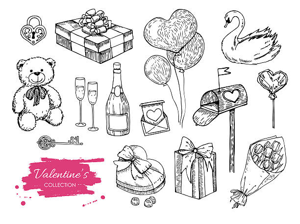 ilustrações, clipart, desenhos animados e ícones de coleção de vetor de dia dos namorados. desenho à mão - valentines day flower single flower heart shape