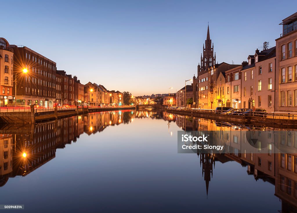 The River Lee in Cork City, Ireland at Night. A View of the River Lee in Cork City, Ireland at Night. Cork City Stock Photo