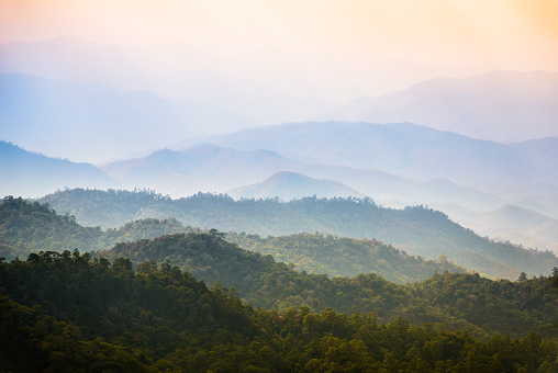 Landscape view on Huai Nam Dang National Park with morning Mist at Tropical Mountain Range, Mae Hong Son, Thailand