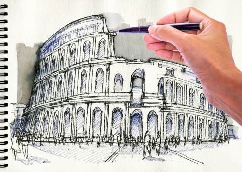 Hand drawing and painting watercolor  illustration of  Colosseum in Rome, Italy on sketch book
