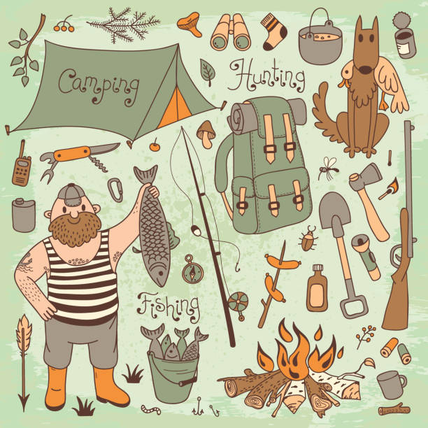 ilustrações, clipart, desenhos animados e ícones de pesca, caça, camping série. - illustration and painting rifle hunting old fashioned