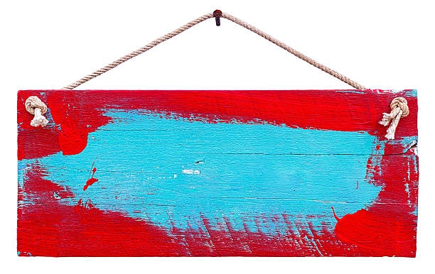 istock Old weathered red and blue wood signboard. 505952907