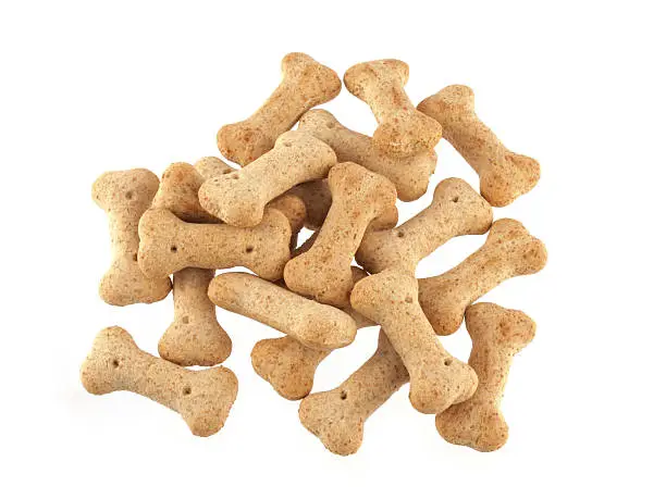 Close up of dog biscuits in the shape of bones on a white background.