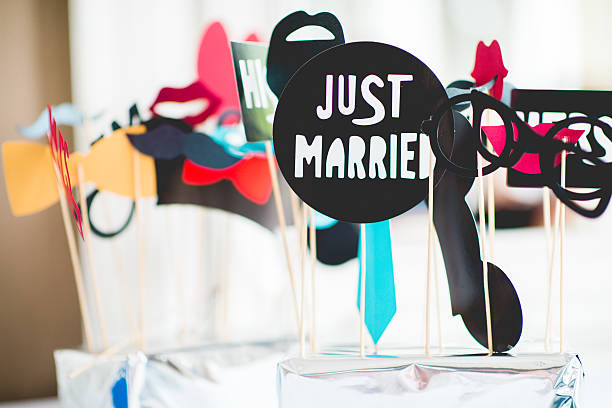 Just Married Wedding props details stock photo