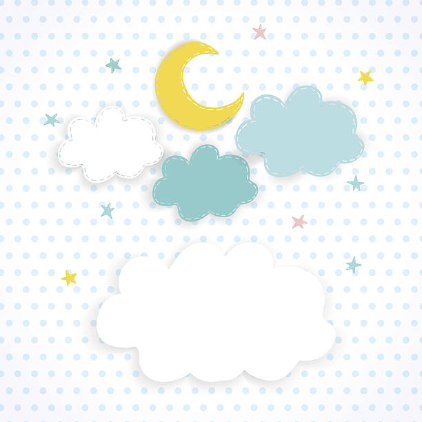 Kids background with moon, clouds and stars Moon, clouds and stars on the background fabric with polka dots. Children sweet vector background of the night sky with place for text moon borders stock illustrations