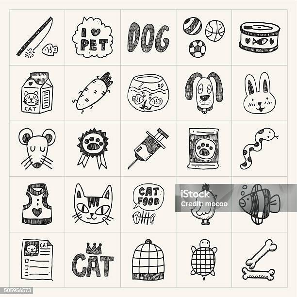 Doodle Pet Icons Set Stock Illustration - Download Image Now - Dog Bowl, Domestic Cat, Doodle