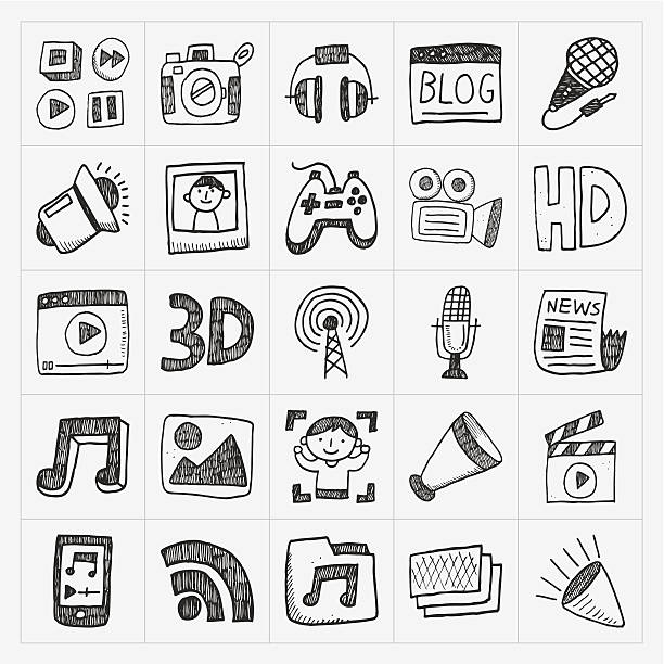 doodle media icons set doodle media icons set radio drawings stock illustrations