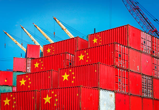 Chinese cargo containers in the port stock photo