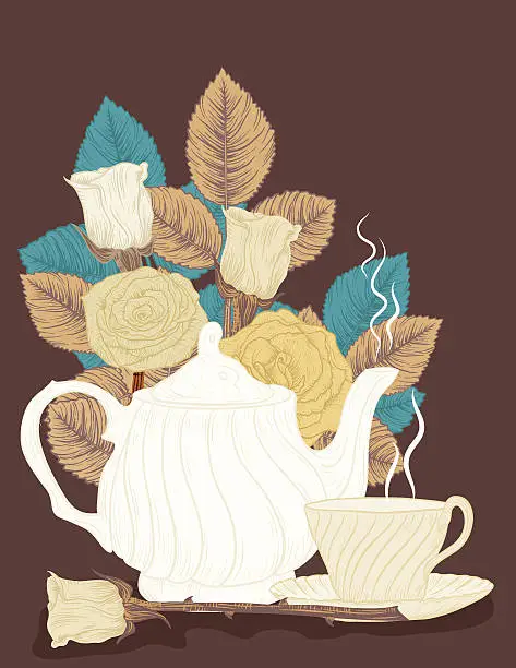 Vector illustration of Hand Drawn Botanical Roses and teapot