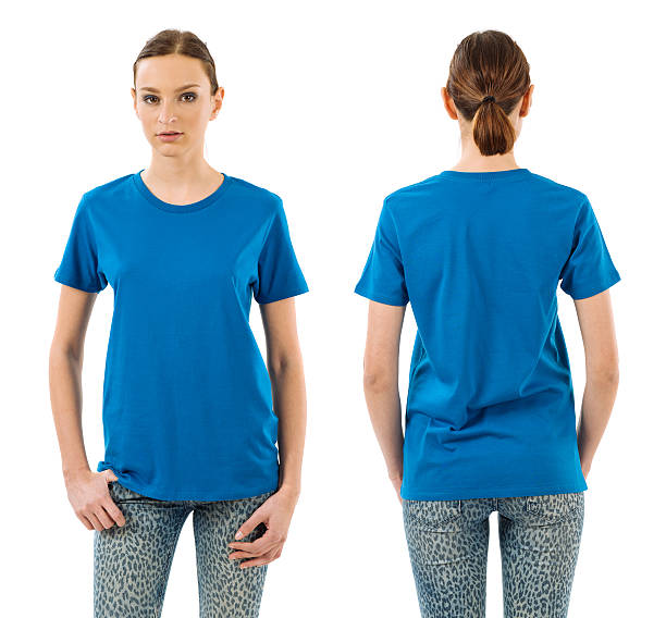 istock Serious woman with blank blue shirt 505961202
