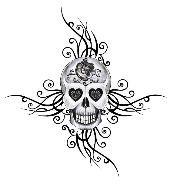Art skull tattoo. Art design skull head mix graphic tribal tattoo hand pencil drawing on paper. cartoon of painted skull faces stock illustrations