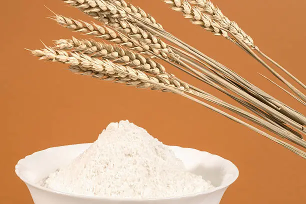 A bunch of wheat-ears and a white bowl of wheat flour isolated on light brown background.