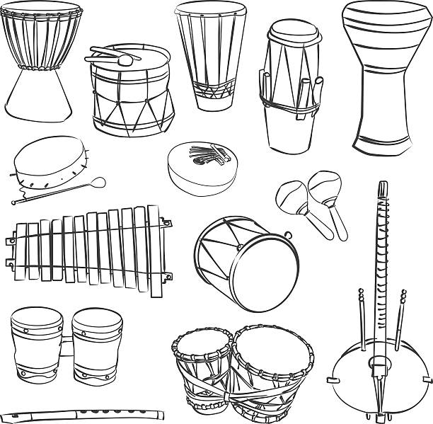 African traditional musical instruments Isolated traditional african instruments. Vector contour set for music billboard african musical instrument stock illustrations