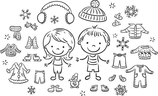 Vector illustration of Winter clothes set, black and white