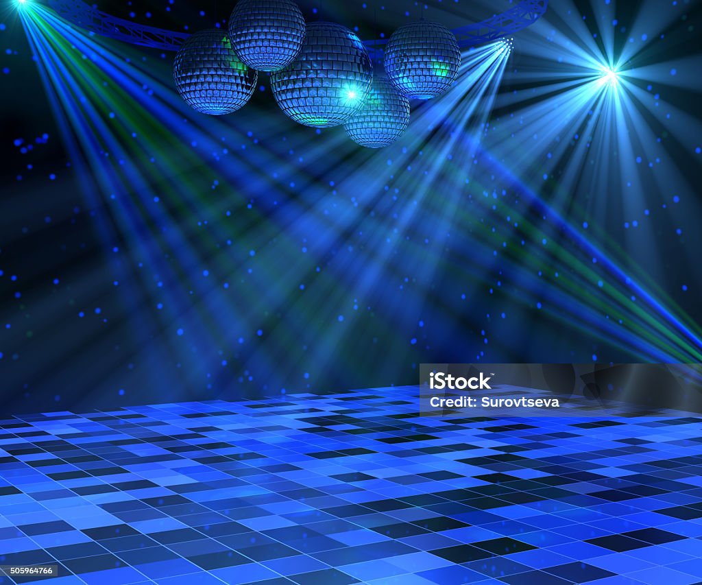 Blue Disco Dance Floor Blue disco dance floor with mirror balls, lattice framework and spot lights. 3d render. Disco Dancing Stock Photo