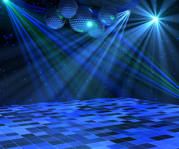 Blue Disco Dance Floor Blue disco dance floor with mirror balls, lattice framework and spot lights. 3d render. clubbing stock pictures, royalty-free photos & images
