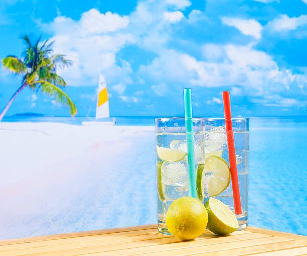 istock glasses of cocktail with lime slice on blur beach 505965308