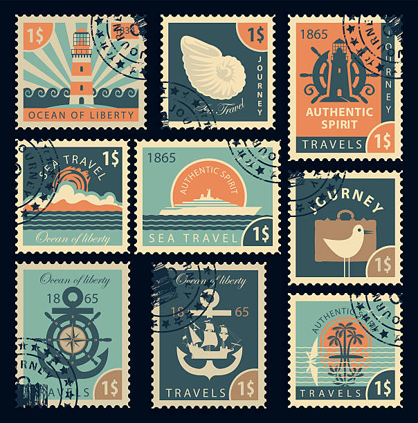 stamps on the theme of travel by sea set of stamps on the theme of travel by sea in retro style lighthouse vacation stock illustrations