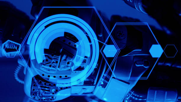 istock Holographic hud and robot tech background 505968914
