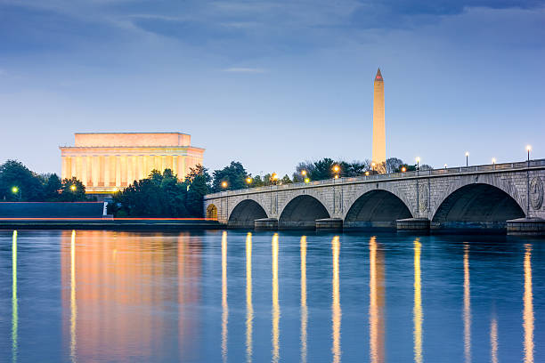 Washington DC Monuments Washington DC, USA skyline on the Potomac River with Lincoln Memorial, Washington Monument, and Arlington Memorial Bridge. shrine photos stock pictures, royalty-free photos & images