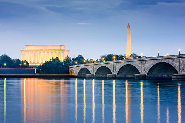 Washington DC Monuments Washington DC, USA skyline on the Potomac River with Lincoln Memorial, Washington Monument, and Arlington Memorial Bridge. washington monument washington dc stock pictures, royalty-free photos & images