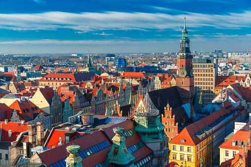 Aerial view of Stare Miasto with Market Square and Old Town Hall from St. Mary Magdalene Church in Wroclaw, Poland